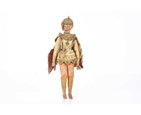 A late 19th century Venetian courtier puppet,  with composition head and jointed wooden body, painted moustache and remains o