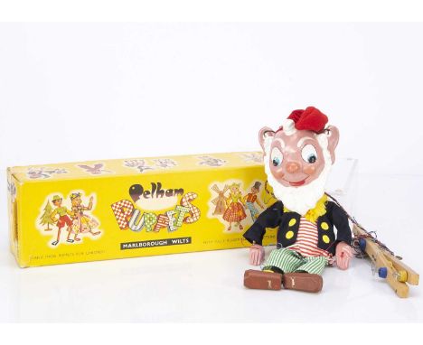 A Pelham Puppet SL Big Ears 1960s, in original clothes and yellow box with end stamp ‘SL Big Ears’ (box a little taped)