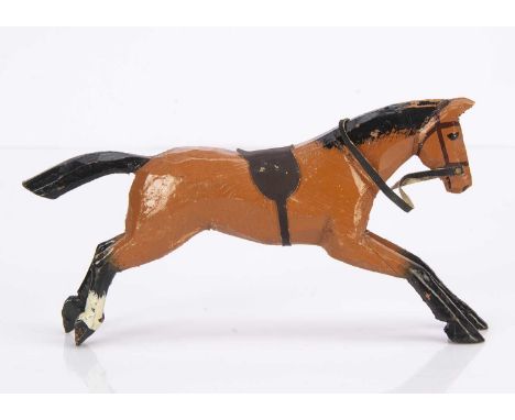 A Forest Toys of Brockenhurst running horse, carved and light brown painted wood with oil-cloth sale and bridle —6 3/4in. (17