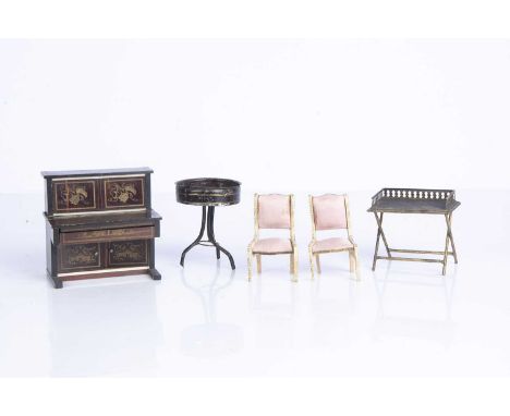 19th century dolls’ house furniture, a brown painted tinplate plant stand, possibly Rock & Graner —3 1/2in. (9cm.) high, a Wa