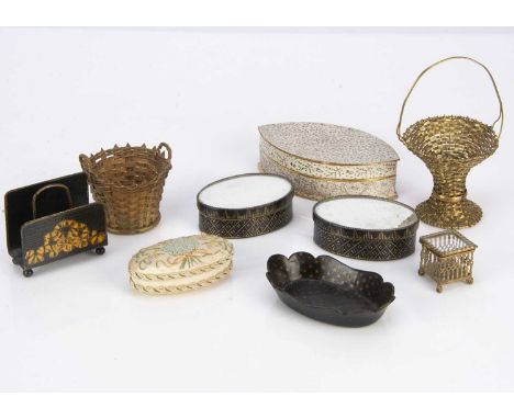 Various boxes,  two tinplate oval mirrored boxes painted black and gold —3 1/2in. (9cm.) wide; an elliptical card box; a papi
