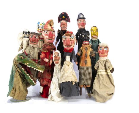 Vic Taylor of Hayling rare original family professional British carved wooden Punch & Judy set, possibly late 19th century, c