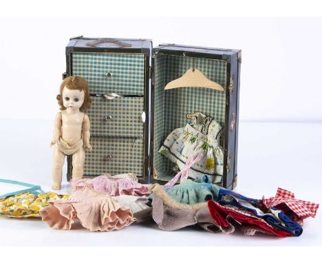 A J C Penney Company Inc Mary Lu Plaything doll’s trunk,  dark green with luggage labels —9in. (23cm.) high; a Madame Alexand