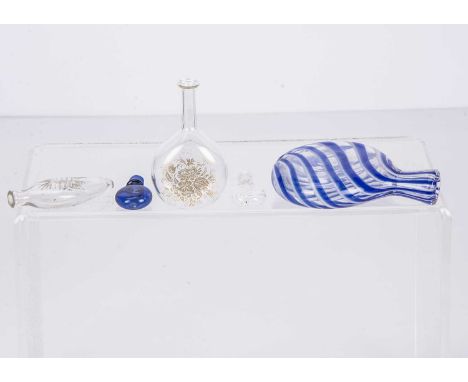 Glass scent bottles, a 19th century latticino blue, white and clear flat flask shaped scent bottle —3 1/2in. (9cm.) high, a f