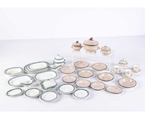 Two 19th century Spode toy dinner services,  a set with brown sprigs and dark brown rim, marked SPODE, comprising three turee