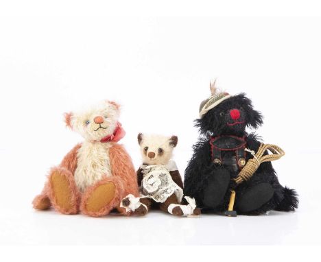 Three Pywacket Teddies artist teddy bears, by Lin Grant, including a black mohair bear dressed as traditional German mountain