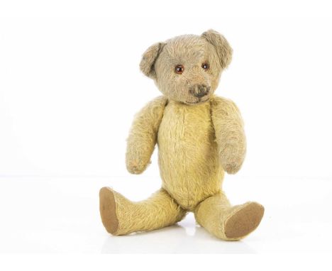 A 1920s British teddy bear, with blonde mohair, orange and black glass eyes, black stitched nose and mouth, pronounced muzzle