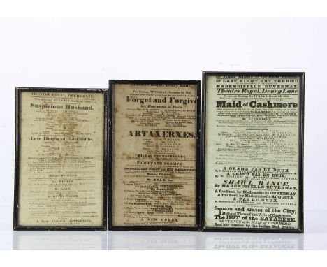 Three early 19th century Theatre Royal Drury Lane playbills,  Suspicious Husband, October 6, 1818; Forget and Forgive, Novemb
