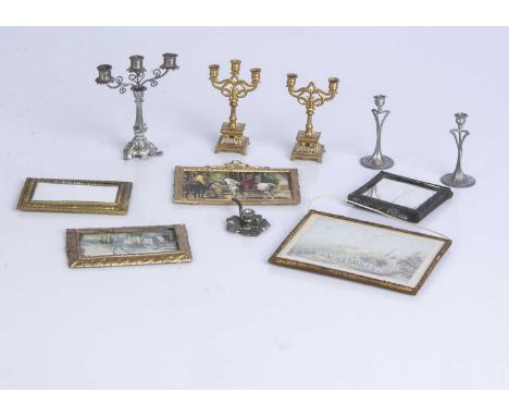 Dolls’ house candlesticks and pictures, a pair of three lit gold painted candelabra —3in. (7.5cm.) high, a pair of pewter Art