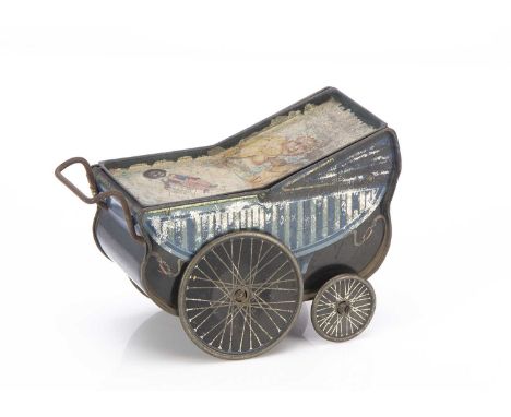 An early 20th century British lithographed tinplate perambulator biscuit tin, the light blue and mid blue striped body with t