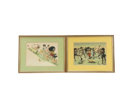 Four framed Florence K Upton Golly book pages, —15 1/2in. (39cm.) wide These items are listed on the basis they are illustrat