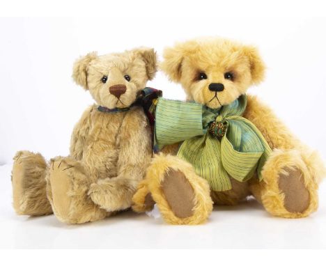 Two artist teddy bears,  comprising of a Hi Bear Nation, Bernard bear by South African artist Sonja Peters, with golden mohai