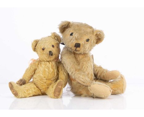 Two British teddy bears,  a 1930-40s Deans Rag Book Co 'mouse-eared' teddy bear with black stitched replacement eyes, black s