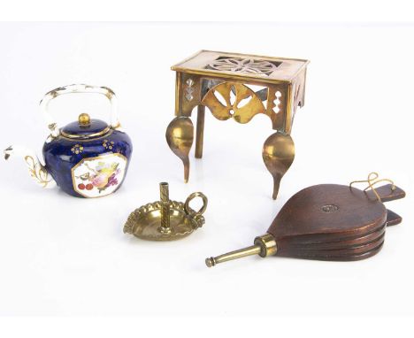 Doll’s accessories, a 19th century brass footman —4in. (10cm.) high; a treen and brass dummy bellows, a heart shaped brass ch