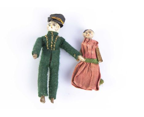 Two wooden dolls’ house dolls circa 1900, pegged wooden type with painted head with black centre-parted hair, one dressed in 