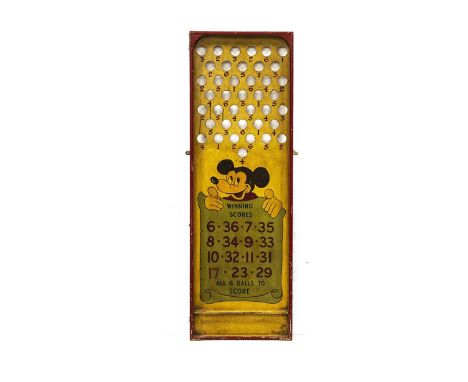 An English 1950s Fairground wooden roll-up board featuring Mickey Mouse,  original hand painted design with ‘Winning Scores’ 