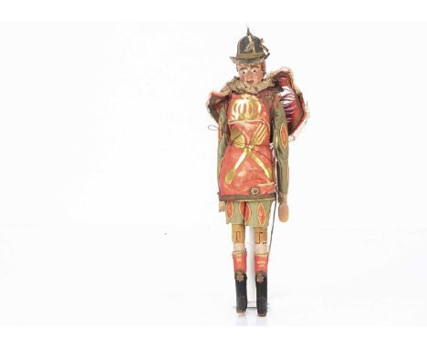 A late 19th century Venetian puppet,  with composition head and jointed wooden body, fine features, painted brown hair, red a