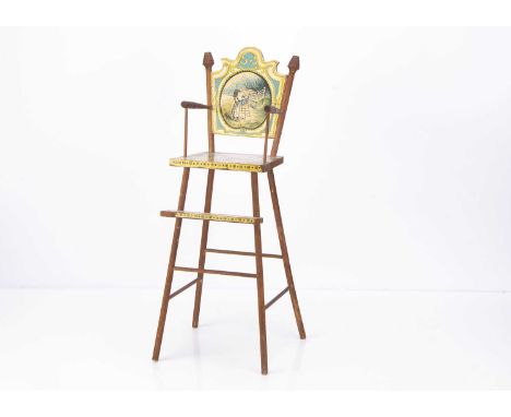 A Bliss (American) doll’s highchair,  wooden with printed paper showing scenes of a girl playing with her doll and kittens —2