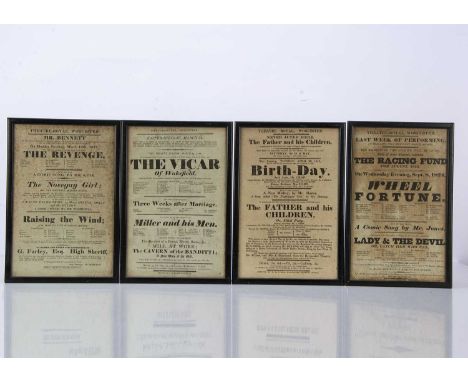 Four early 19th century Theatre Royal Worcester playbills,  The Vicar of Wakefield, March 24, 1818; Birth-Day, April 20, 1819