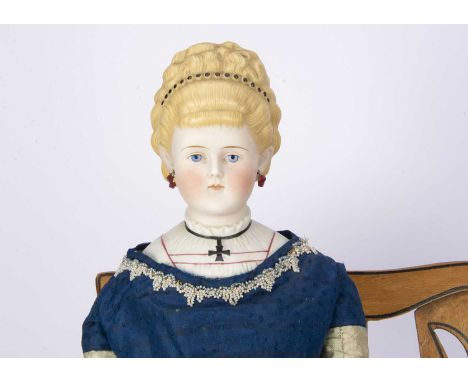 An Alt Beck & Gottschalck bisque shoulder head lady doll,  known as Empress Augusta Victoria of Schleswig-Holstein with blue 