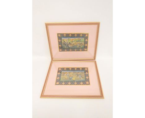 After Mughal School.&nbsp; Pair of Indian hunting scenes. Gouache. Each 18cm x 28cm. 