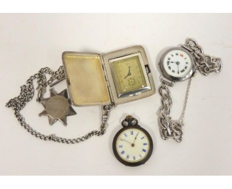 Silver golfer's style folding watch, Goldsmiths &amp; Silversmiths Co 1930, with guard and metal, a lady's silver watch 1916 