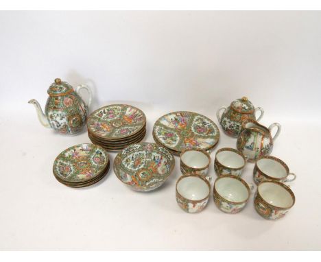 Canton famille rose six setting tea service comprising of teapot, sucrier, cream jug and sugar bowl, pair of sandwich plates,