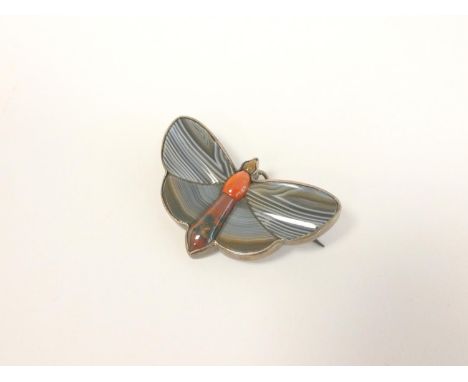 Scottish 'pebble' butterfly brooch with chalcedony and jasper in silver. 