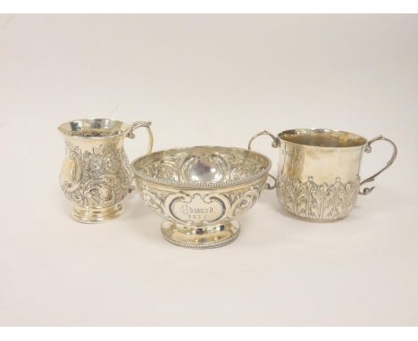 Silver embossed bowl 1861, a similar mug 1900 and a porringer 1896. 496g (3)  Condition reprt:Surface highly polished. Persol