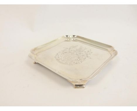 Silver square waiter with plain moulded edge and cut corners, later crest and inscription for Sedbergh School by Holland Aldw