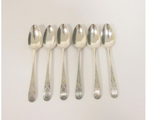 Set of six silver bright cut teaspoons marked Langlands and Robertson, overstriking P &amp; A Bateman 1794.&nbsp; 