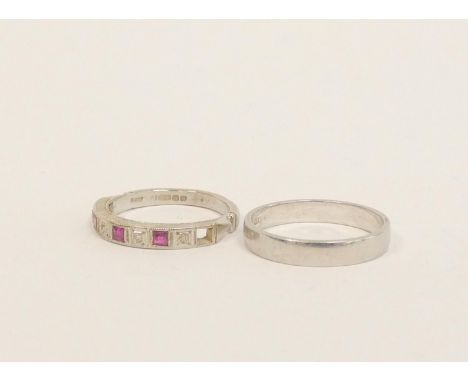 Platinum wedding band, (3.3g) and a ruby and diamond half eternity ring in 18ct gold, ruby missing. 2.5g Condition report:Pla