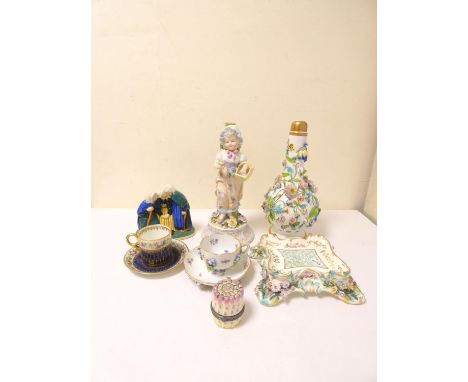 Group of continental porcelain, to include encrusted bottle vase with cover, figure of a maiden, Meissen cabinet cup and sauc