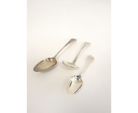 Victorian silver sauce ladle by Robert Keay, Edinburgh 1842, together with a William IV Irish spoon and another hallmarked fo