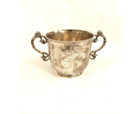 Large silver twin handled sports trophy inscribed with the central text "Twesledown Open Cup 1933, won by Mr J.P.A Graham ch.