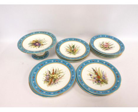 Group of near matching porcelain fruit plates circa early 20th century with comport, bearing various botanical handpainted pa