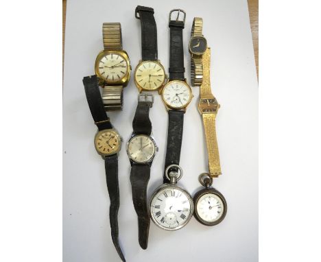 Group of vintage wristwatches to include Rotary 17 jewels incabloc watch, Trafalgar etc. Also two pocket watches. 