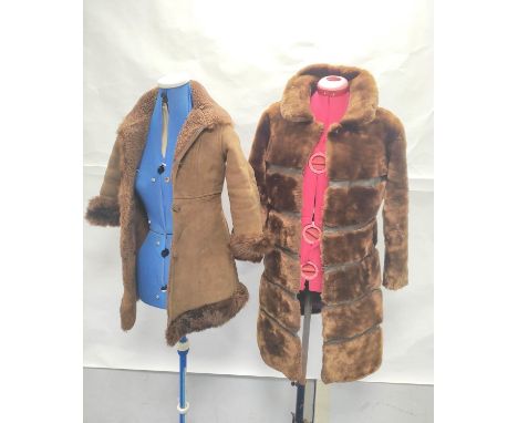 Vintage banded brown sheepskin and leather coat, no labels, approx. size 8/10, also a child's sheepskin coat by Crismal of Pa