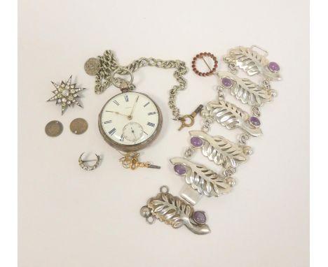 Silver lever watch, 1866 with guard, a gold 'tipsy' key, a Mexican silver bracelet and various other items. 