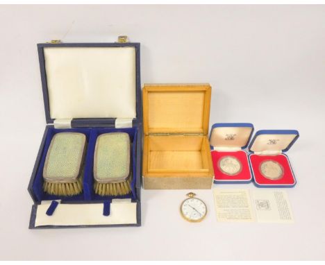 Elgin rolled gold pocket watch, two silver coins, shagreen mounted cigarette box and a pair of similar silver mounted brushes
