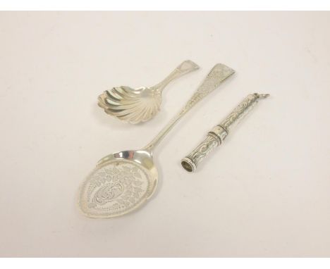 Silver caddy spoon of Georgian scallop style, a similar preserve spoon and an engraved pencil case. (3) 