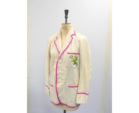 A vintage Cambridge boating/college blazer by Bodger and Co Outfitters in cream with purple and pink edging, the breast pocke