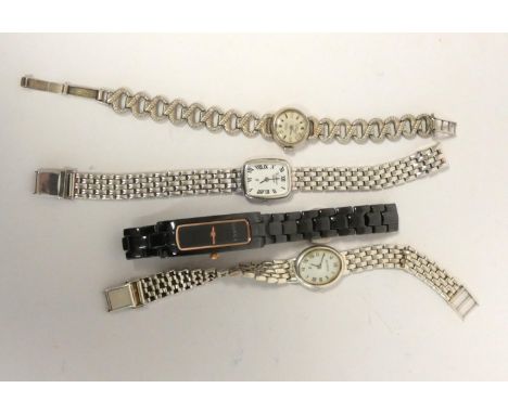 Gucci 8069L.112 black anodised fashion watch and three silver bracelet watches. 