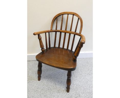 19th century ash &amp; elm childs windsor chair, with hoop stick back, on turned supports. Height 59cm.