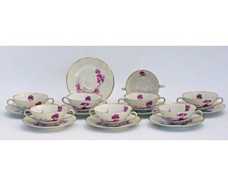 A German Heinrich vintage ivory porcelain set of eight soup bowls with handles W16cm and saucers decorated with red transfer 