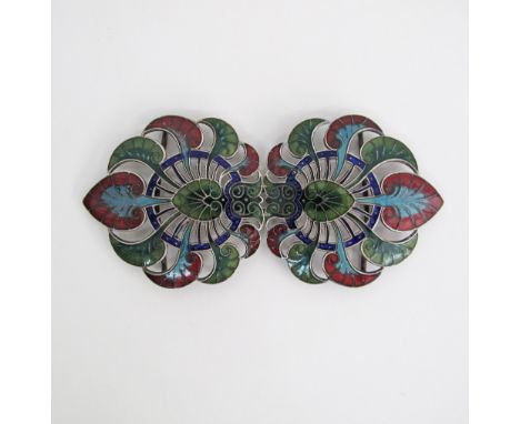 French - Art Nouveau gilt metal belt buckle with leaf enamel champlevé decoration, W13cm.