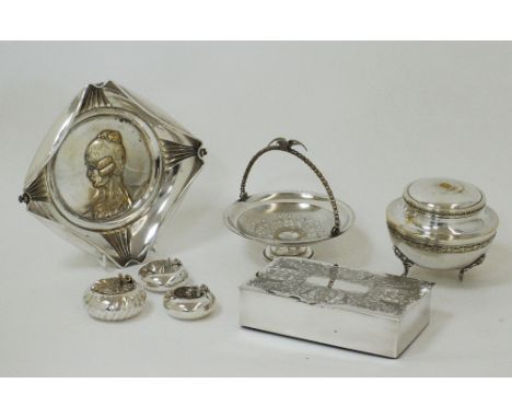 A Collection of silver plated table items comprising of a footed lidded bowl, a footed basket, an Art Deco square bowl with a