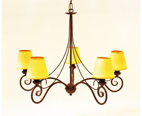 A five light wrought iron scroll chandelier. W70cm, H60cm.