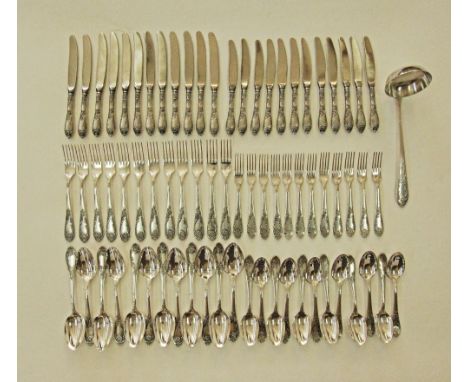 Russian Melchior Louis XV style silver plated cutlery for 12 (unused) 6x12 plus a soup ladle. The large knife L22.5cm. (73)