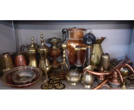A quantity of copper and brass to include Turkish coffee pots, horse brasses and a vintage upright telephone A/F. Location:2:
